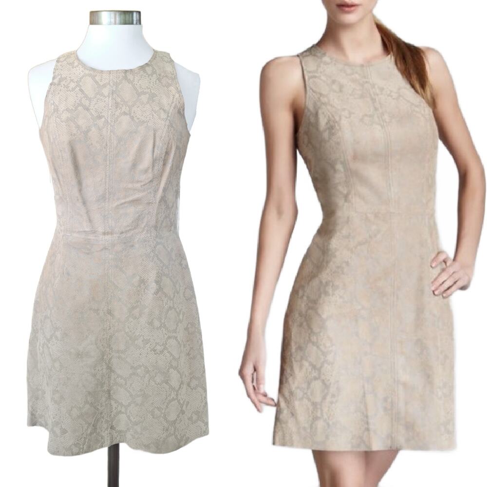 REBECCA TAYLOR Python Print Leather Mini Dress Size 6 Cream Gray Sleeveless